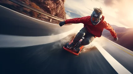Foto op Canvas A red skateboarder speeding down a winding road. © M. Ateeq