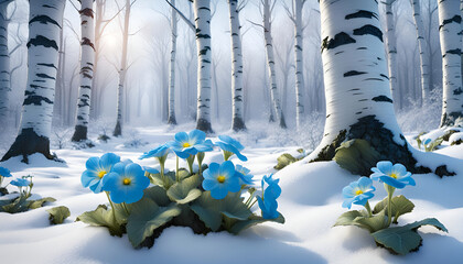 Close-up of blue spring flowers on snow in a sunlit light birch forest - 714659940
