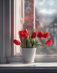 A bouquet of red tulips in a white bucket on a white windowsill on a sunny spring day - 714659953