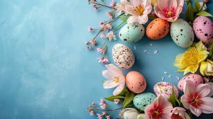 Easter composition with Colorful Easter eggs and vibrant spring flowers form a festive wreath on a teal background. Easter card with copy space