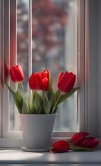 A bouquet of red tulips on a white windowsill on a sunny spring day. - 714659992