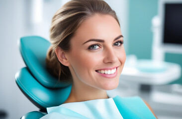 A girl close-up sits in a dentist's chair. looks at the camera and smiles.