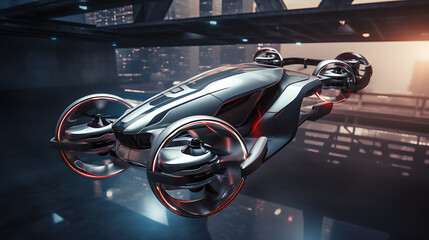 A sleek silver autonomous drone racing. - obrazy, fototapety, plakaty