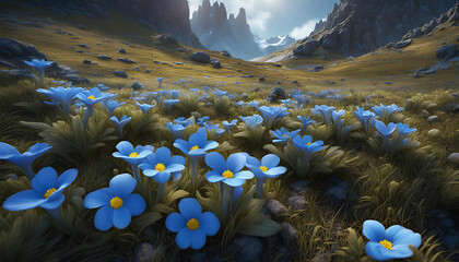 Blue spring flowers grow in a meadow in the mountains - 714660110