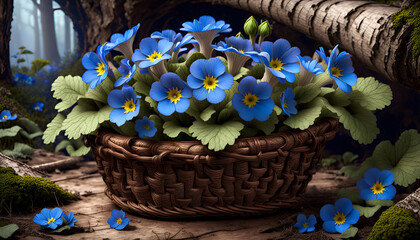 A bouquet of blue spring flowers in a basket on green moss among a dark forest - 714660115