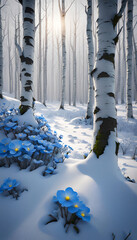Blue spring flowers on snow in a sunlit light birch forest - 714660165
