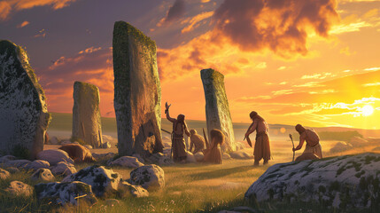 Hunter Gatherers, Architects of Antiquity, Illuminate the Ingenuity of Early Humans in 10,000 BC, Collaborating to Erect the Majestic Megalithic Monument Stonehenge