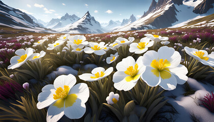 Close-up of white spring flowers growing in a meadow in the snowy mountains - 714660318