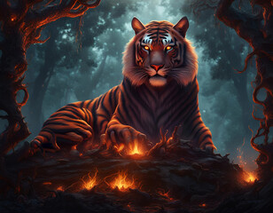 The ghost of a tiger with glowing eyes lies on the fiery ground among the ancient forest - 714660372