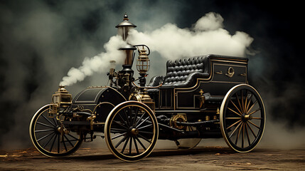 A vintage black and white steam-powered car from the 1800s.
