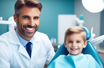 little boy close-up sitting in the dentist's chair. A man is a doctor nearby. look at the camera and smile.