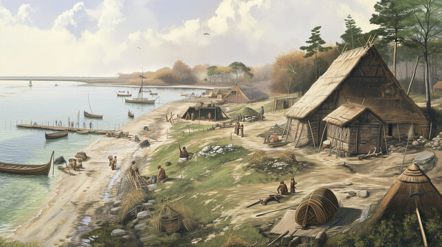 Seaside Harmony, Hunter-gatherer, Capturing the Spirit of a Mesolithic Coastal Settlement, Where Fishing, Boat Crafting, and Communal Life Flourish on the Water's Edge
