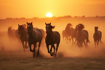 Fototapeta na wymiar A group of untamed horses run across an open grassland, stirring up dust, beneath a setting sun. Generative AI