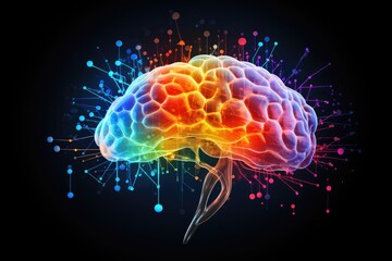 Colorful Brain Neuron synapses, neurotransmitters in cortex, neuroplasticity plasticity, cognitive functions contributing consciousness, intelligence, gray matter, hippocampus prefrontal cortex mind