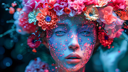 Young Woman with Artistic Makeup and Flowers, Glamour Fashion Set, Flourishing, Natural Organic Beauty. Wellness, Mindfulness, Sensuality. Connection to the Environment, Sustainability, Balance. 