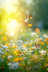 Summer natural meadow full of wildflowers and grasses on a beautiful sunny day. © pijav4uk