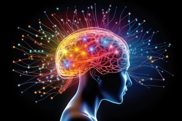 Colorful Brain Neuron synapses, neurotransmitters in cortex, neuroplasticity plasticity, cognitive functions contributing consciousness, intelligence, gray matter, hippocampus prefrontal cortex mind