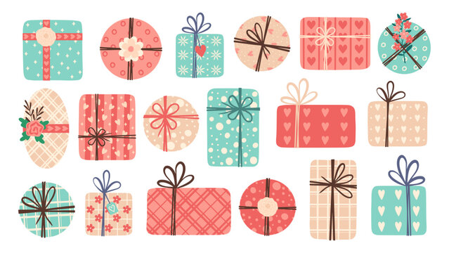 Set of gift boxes. Present package wrapped in festive paper wrapping with tied bow, ribbon, twine string. Christmas, Xmas, valentine's day, birthday and New Year present in wrapping paper. 