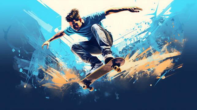An image of a blue skateboarder performing tricks in a skate park.