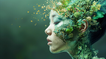 Young Woman with Artistic Makeup and Flowers, Glamour Fashion Set, Flourishing, Natural Organic Beauty. Wellness, Mindfulness, Sensuality. Connection to the Environment, Sustainability, Balance. 