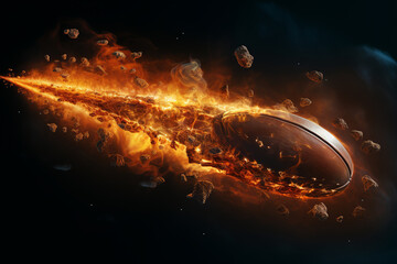 American football flying like a comet with trail of fire and smoke on night sky, black background