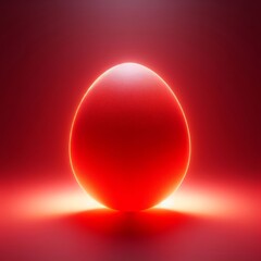 Bright red luminous Easter egg isolated on a red background. Easter holiday concept in minimalism style. Fashion monochromatic composition. Web banner with copy space for design.