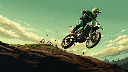An image of a green dirt bike jumping over a hill. - obrazy, fototapety, plakaty