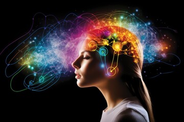 Colourful human brain cognitive Power, 3D Rendered illustrative ai artwork, thoughtful motley brain plasticity and brain waves in color dust, thoughtful neural circuit at brain training and learning