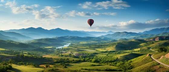Hot air balloon in the blue sky over the mountains.