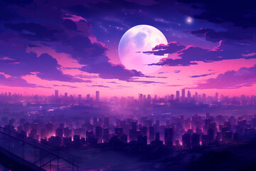 Generative AI illustration of lo-fi Night Skyline and Purple Hues inspirated in manga and anime. Cityscape with the moon. Reflections.