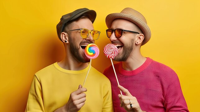 Happy gay couple eating rainbow candy.