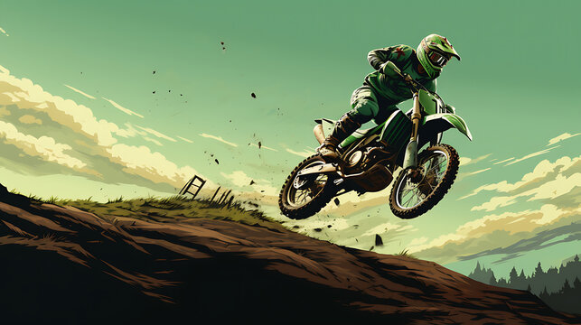 An image of a green dirt bike jumping over a hill.