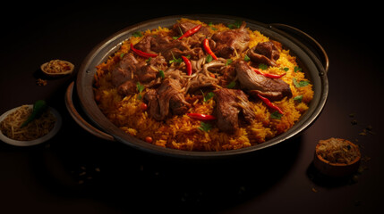A fragrant pot of Lamb Kabsa, a traditional Saudi Arabian dish made with rice, meat, and spices, commonly enjoyed during Ramadan