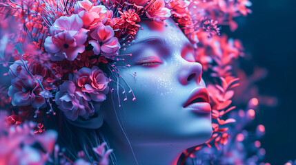 Young Woman with Artistic Makeup and Flowers, Glamour Fashion Set, Flourishing, Natural Organic Beauty. Wellness, Mindfulness, Sensuality. Connection to the Environment, Sustainability, Balance. 