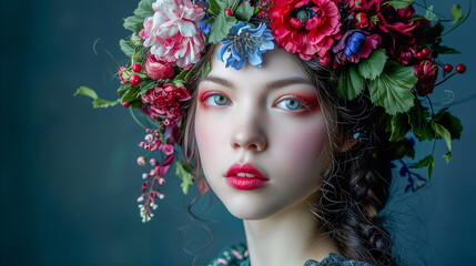 Young Woman with Artistic Makeup and Flowers, Glamour Fashion Set, Flourishing, Natural Organic Beauty. Wellness, Mindfulness, Sensuality. Connection to the Environment, Sustainability, Balance. 