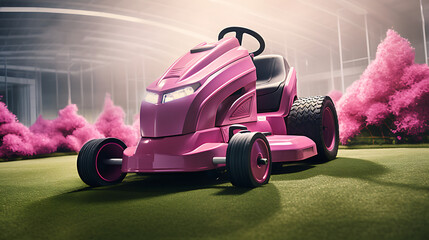 An image of a pink racing lawnmower competition. - obrazy, fototapety, plakaty