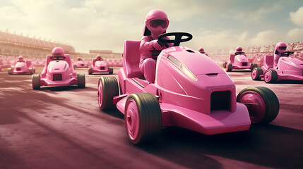 An image of a pink racing lawnmower competition. - obrazy, fototapety, plakaty