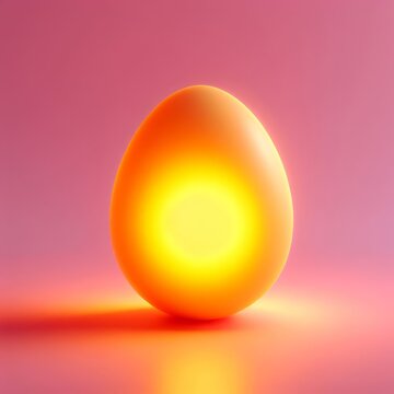 Yellow luminous Easter egg isolated on a pastel pink background. Easter holiday concept in minimalism style. Fashion monochromatic composition. Web banner with copy space for design.