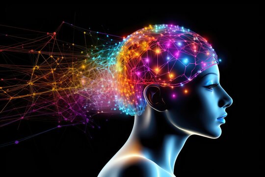 Colourful human brain cognitive Power, 3D Rendered illustrative ai artwork, thoughtful motley brain plasticity and brain waves in color dust, thoughtful neural circuit at brain training and learning
