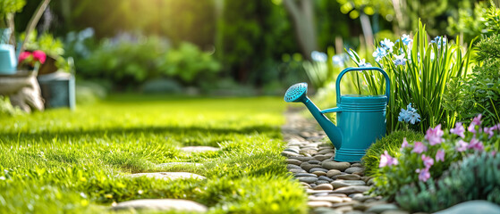 A picturesque garden path lit by sunshine with a blue watering can and on a green grass in the foreground in the garden