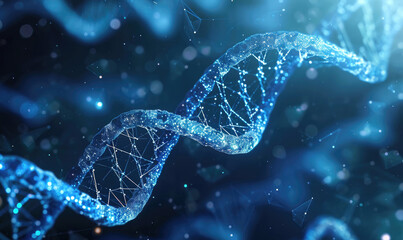dna. abstract 3d polygonal wireframe dna molecule helix spiral on blue. medical science, genetic biotechnology, chemistry biology, gene cell concept