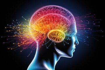 Colourful human brain cognitive Power, 3D Rendered illustrative ai artwork, thoughtful motley brain plasticity and brain waves in color dust, thoughtful neural circuit at brain training and learning - obrazy, fototapety, plakaty