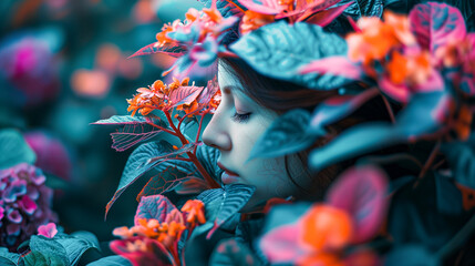 Young Woman with Artistic Makeup and Flowers, Glamour Fashion Set, Flourishing, Natural Organic Beauty. Wellness, Mindfulness, Sensuality. Connection to the Environment, Sustainability, Balance. 