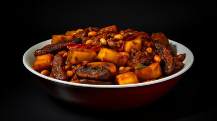 A bowl of Nigerian ewa agoyin, a spicy bean stew served with fried plantains, a popular suhoor dish
