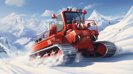 An image of a red snowcat racing through a snowy landscape.