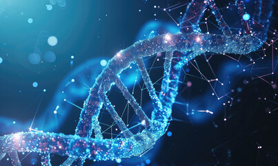 dna. abstract 3d polygonal wireframe dna molecule helix spiral on blue. medical science, genetic biotechnology, chemistry biology, gene cell concept