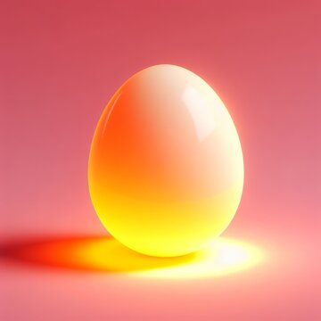 Yellow luminous Easter egg isolated on a pastel pink background. Easter holiday concept in minimalism style. Fashion monochromatic composition. Web banner with copy space for design.