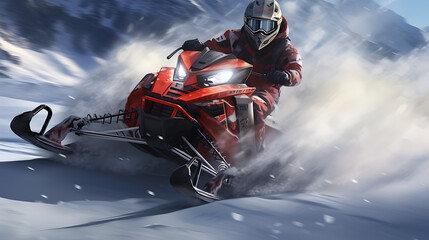 An image of a red snowmobile racing on a snowy trail. - obrazy, fototapety, plakaty