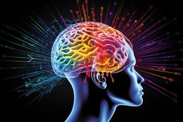 Colourful human brain cognitive Power, 3D Rendered illustrative ai artwork, thoughtful motley brain plasticity and brain waves in color dust, thoughtful neural circuit at brain training and learning