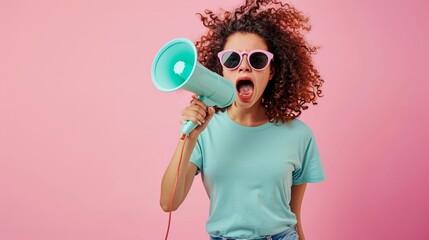 Exultant happy vivid young curly latin woman 20s wear mint t-shirt sunglasses hold scream in megaphone announces discounts sale Hurry up isolated on plain pastel light pink background studio portrait - obrazy, fototapety, plakaty